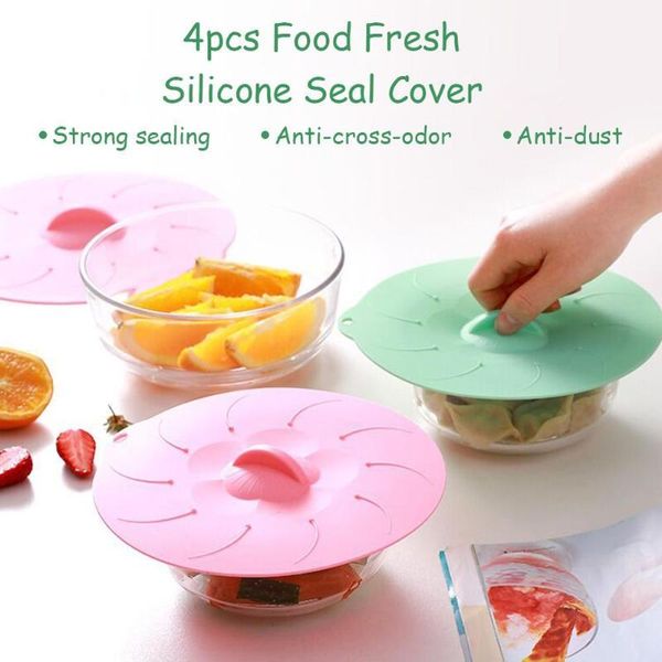 

kitchen storage & organization 4pcs food fresh-keeping lid grade silicone seal cover refrigerator fruit and vegetable microwave bowl tool
