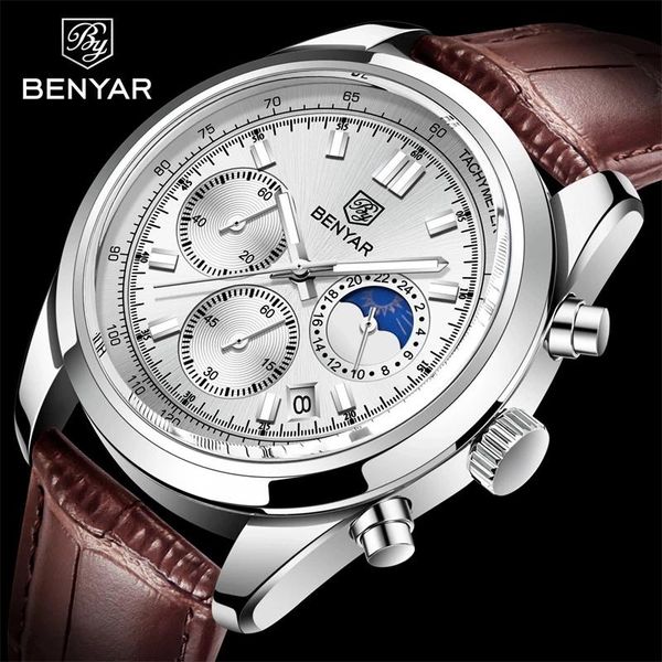 

wristwatches 021 benyar luxury quartz watch men classic leather 50m waterproof clock military sports multifunctional chronograph relogio, Slivery;brown