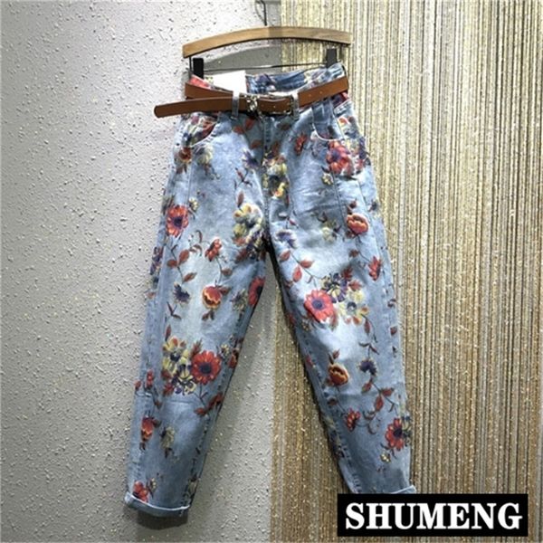

flower jeans woman spring new high-waist loose harem pants personality printed denim trousers female jeans pants femme 210202, Blue