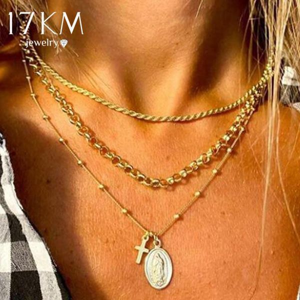 

pendant necklaces 17km bohemian cross twist chain necklace for women vintage multilayer gold portrait coin beads choker jewelry, Silver