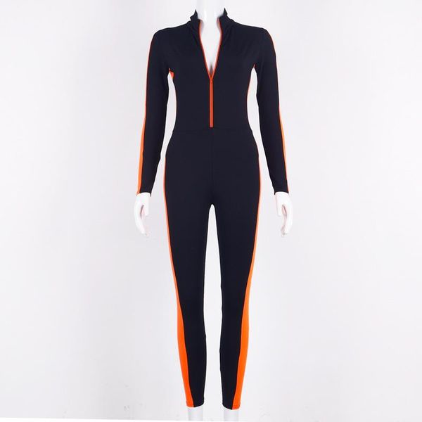 

gym clothing long sleeve zipper front skinny fitness tight rompers overalls women sporty neon striped jumpsuit, White;black