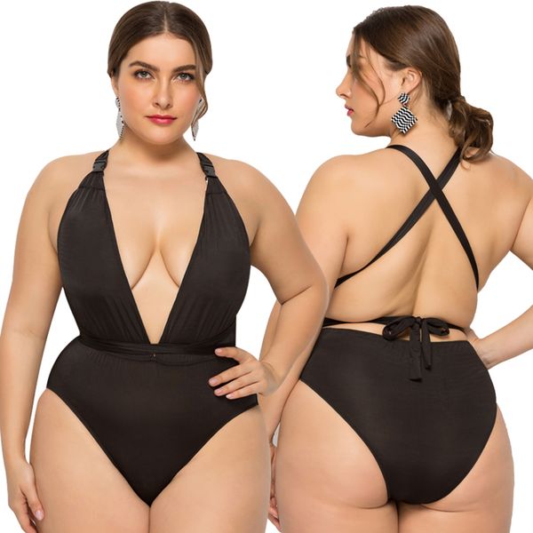 

oversize fat womans piece swimsuit bikini padded deep v-neck black sleeveless halter backless swimwear beach bathing, White;black