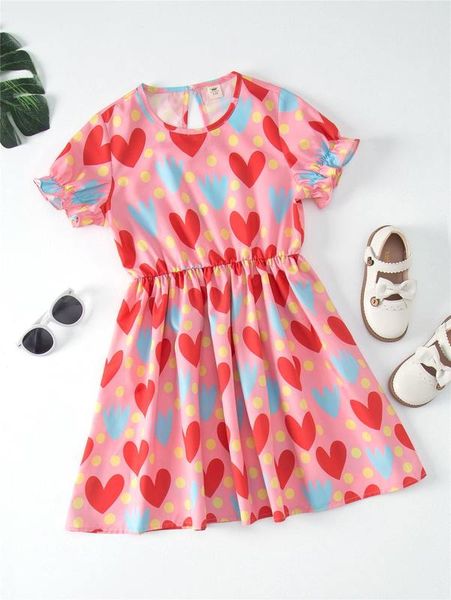 

girls heart & polka dot print flounce sleeve dress she, Red;yellow