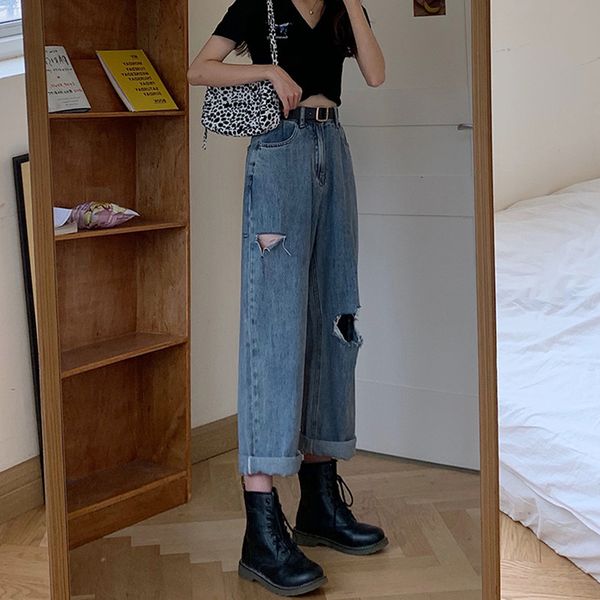 

2021 new s-xl autumn korean chic style woman long pants high waist ripped straight denim jeans for womens (72775) ixx7, Blue