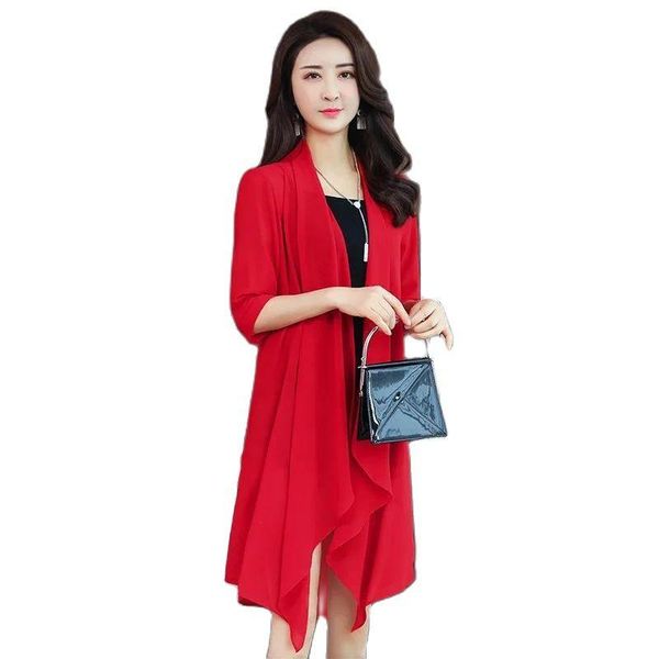 

women's trench coats summer chiffon cardigan women mid-long thin coat loose sun protection clothing outcoat shawl female elegant 494, Tan;black