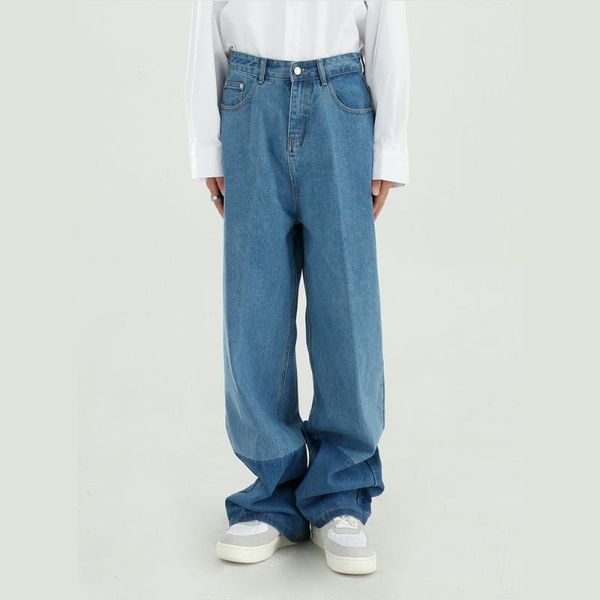 

splice color loose casual straigh wide leg denim pant for male streetwear hip hop vintage fashion jeans long trousers men, Blue