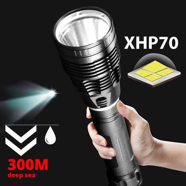 

super bright xhp70 diving ipx8 highest waterproof rating professional dive light powered by 26650 battery hand rope