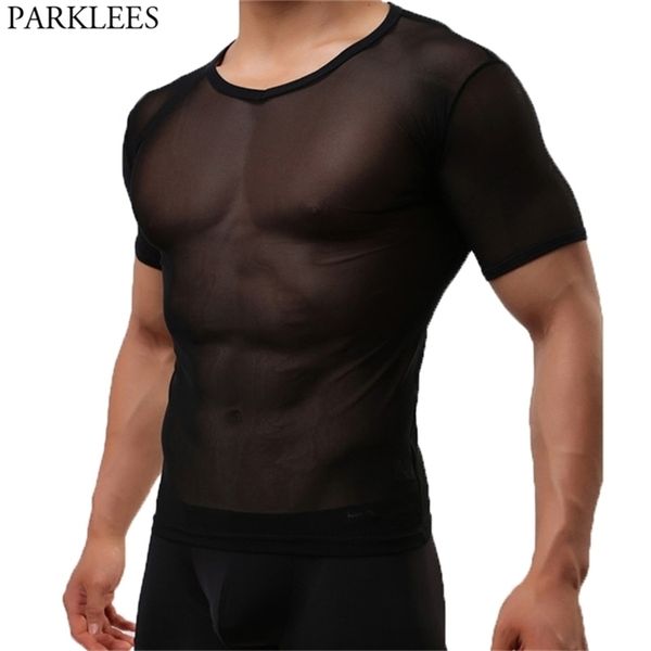 Masculino Sexy transparente de manga curta t-shirt moda moda recepicazes de moda camisetas homens malha sheer top undershirts sleepwear 210714