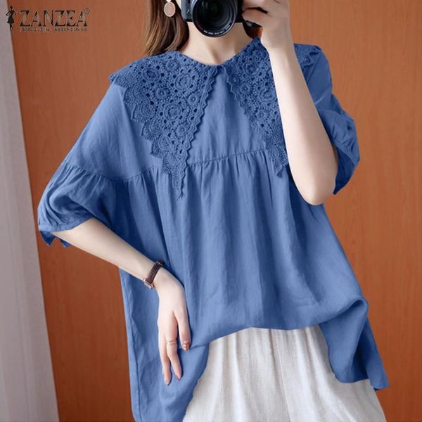 

women's blouses & shirts women elegant ruffle blouse 2022 summer lace patchwork casual solid puff sleeve blusa femininas oversiz, White