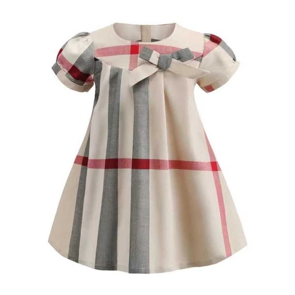 Neues Sommer-Khaki-kariertes Kleid für Mädchen, elegantes Partykleid für Kinder, Mädchen-Kleid mit kurzen Puffärmeln für Kinder, adrette Kleidung, Q0716