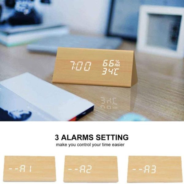 

humidity and temperature alarm clock triangle digital baby room wood clock mute luminous led electronic gift