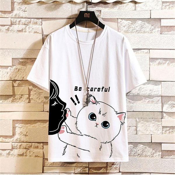 

men's t-shirts kalilex spring and summer cartoon kitty neutral t-shirt casual simplicity men women universal cotton top, White;black
