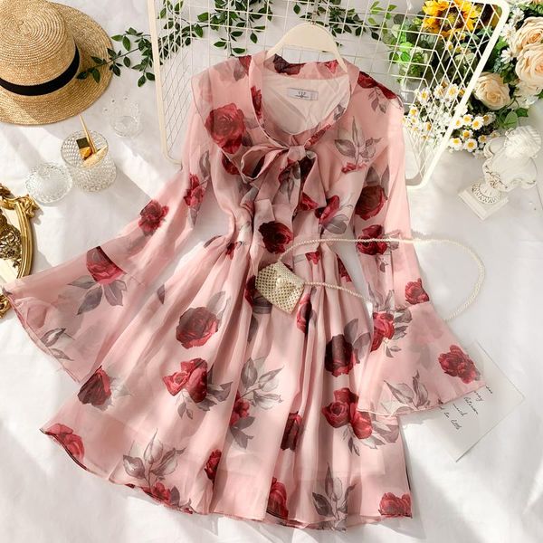 

casual dresses women summer 2021 autumn vintage modish ladies party flare long sleeve chiffon ruffle floral midi dress, Black;gray