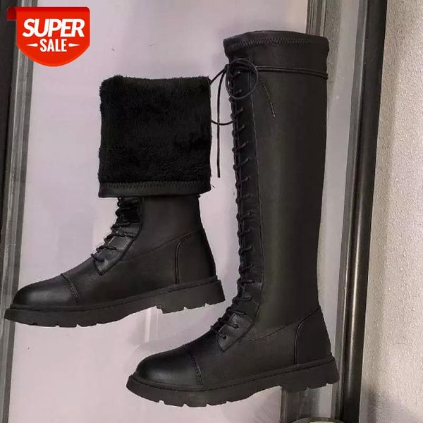 

women long boots shoes autumn winter knee high ladies lace up pu leather comfort warm plush female 2020 fashion new #6x6a, Black