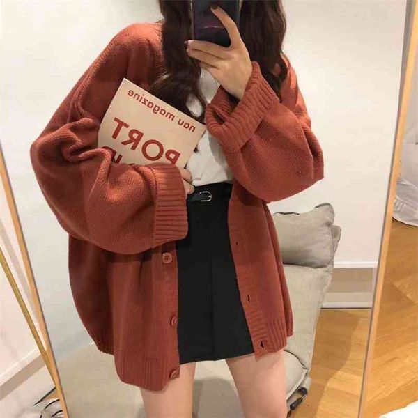 Frauen Pullover Solide V-ausschnitt Einreiher Lose Frauen Strickjacke Freizeit Chic Elegante Trendy Warme Outwear Gestrickte Street Tops 210805