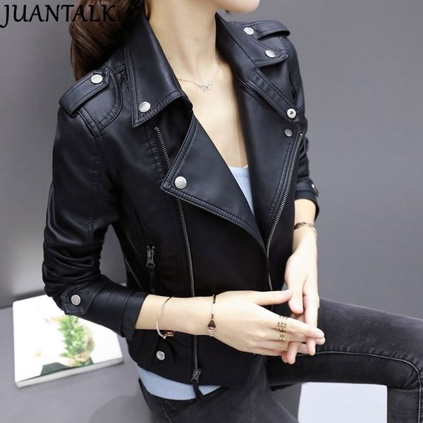 

juantalk fashion brand leather jackets women rivet zipper motorcycle faux soft leather coat female paragraph lapel pu jacket 210204, Black;brown