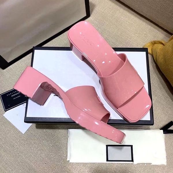 

designer women chunky heel rubber slippers summer italy fashion flat slides sandals high heels embossed sandal platform slipper flip flops l, Black