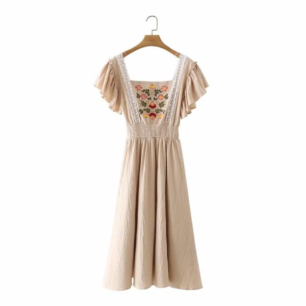 

casual dresses summer women flower embroidery square collar white midi dress female butterfly sleeve clothes leisure lady slim vestido d8000, Black;gray