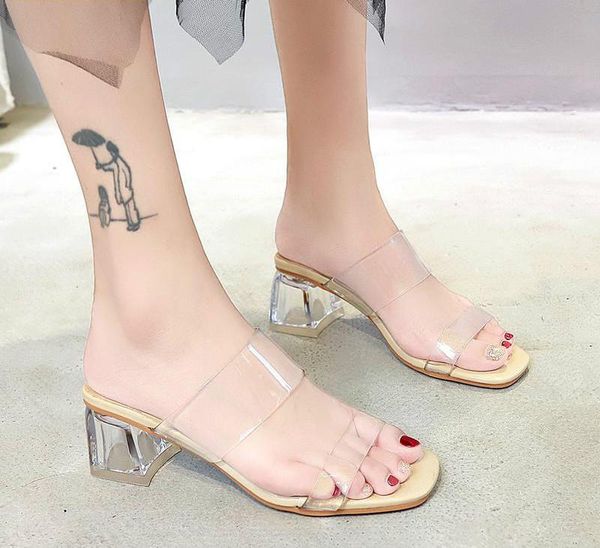 

sandals clear heels slippers women summer shoes woman transparent high pumps wedding jelly buty damskie square, Black