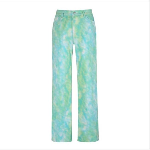 

women's jeans 2021 women/girl high waist camouflage graffiti print straight type harajuku hip hop casual water washing cowboy pants, Blue