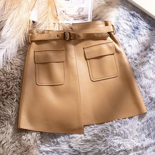 

skirts women's summer 2021 genuine sheepskin leather skirt simple female high waist slim mini vrouw rokken zjt2446, Black