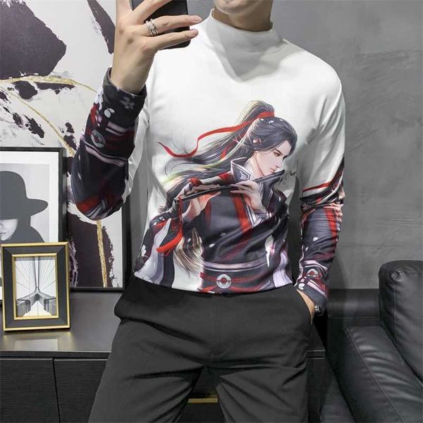 

anime print men t-shirt long sleeve slim fit casual t-shirts half turtleneck men clothing hip-hop streetwear male tee 210527, White;black