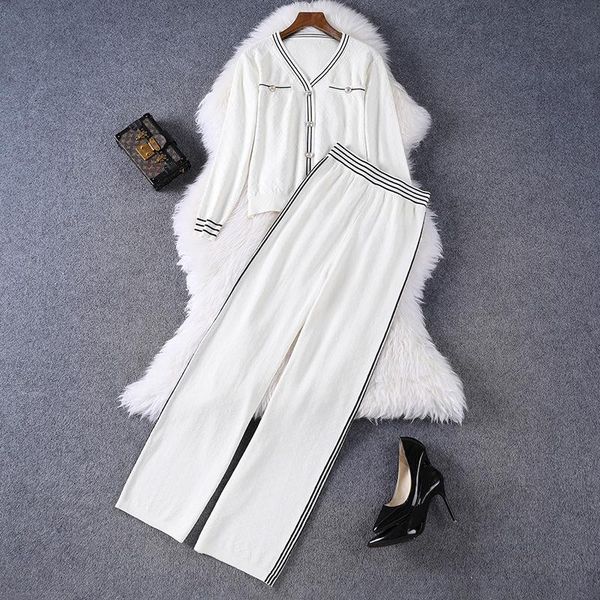 

women's two piece pants 2021 style v-neck button knitted pocket shirt high waist straight leg casual fashion solid color long sleeve al, White