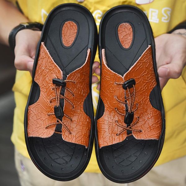 

slippers men sandals genuine leather beach summer handmade designer 39 casual flip flops fashion quality mens outdoor non-slip, Black