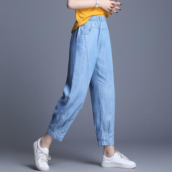 

women's pants & capris fashion summer spring autumn tencel jeans casual bloomers women plus size high waist harem loose blue wmq0902, Black;white