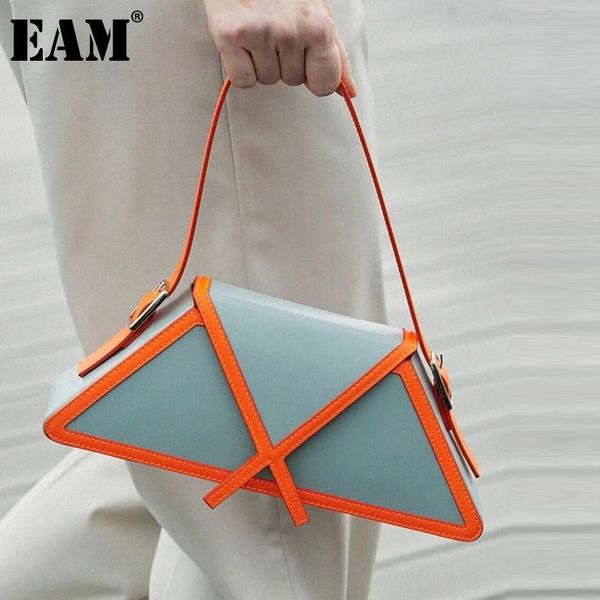 

cross body [eam] women stitching contrast trapezoid handbag pu leather flap personality all-match shoulder bag fashion 2021 18a1955