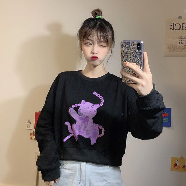 

2021 new autumn loose college style chain bear round neck short cute girl fashion hooded sweatshirt wxcd, Black