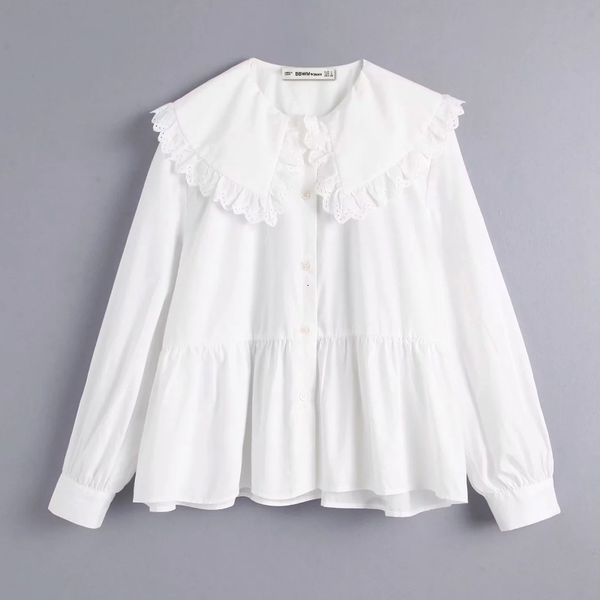 

new women elegant turn down collar lace crochet stitching casual smock shirt blouse women femininas chemise kimono shirts ls4067 cx200617, White