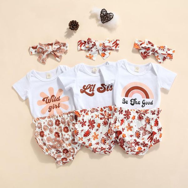 

clothing sets 0-18m born baby girl clothes set summer letter short sleeve romper flower shorts headband 3pcs outfit infant, White
