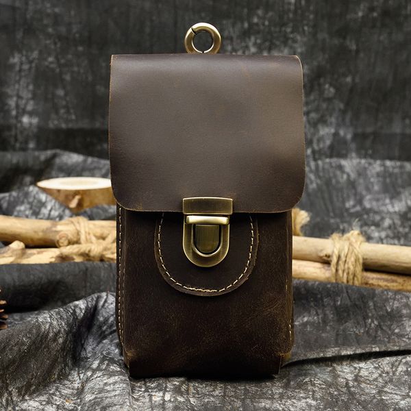 

pockets leather men's waist bag crazy horse skin double layer belt hanging cowhide sports mobile phone 2080