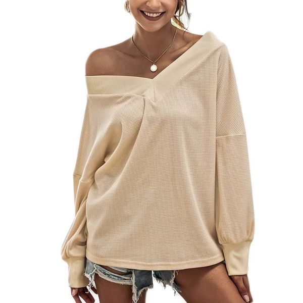 

women's t-shirt women long sleeve v-neck off shoulder waffle loose solid pullover, White