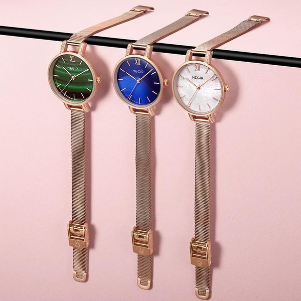 

wristwatches megir luxury marble women bracelet watches brand fashion ladies quartz watch steel female wristwatch montre femme relogio, Slivery;brown