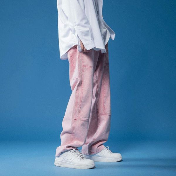 

men's jeans straight harem summer korean man loose denim trousers streetwear male casual pants men solid color plaid mid, Blue