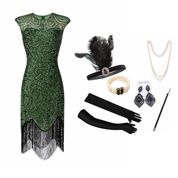 

casual dresses women 1920s art deco great gatsby sequin fringe flapper dress tassels costume accessories vintage set with sleeveless, Black;gray