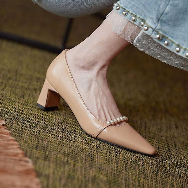 

dress shoes 2021 spring arrival high heels women pumps natural leather square toe pearl decoration, Black