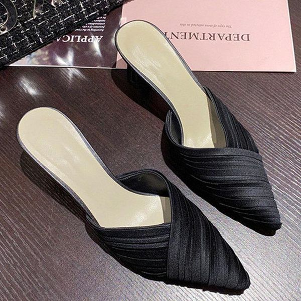 

slippers sandals women's summer wear thick heel 2021 casual pointed toe high-heeled half muller shoes, Black