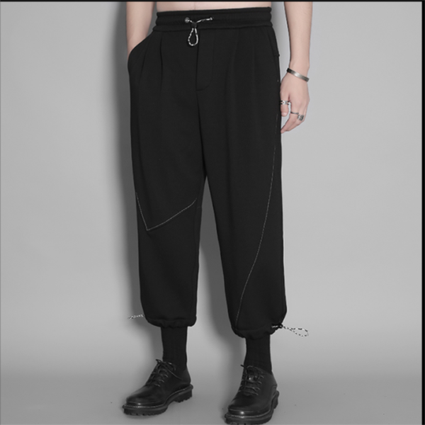 

men's pants winter solid color elastic waist irregular geometric stitching design casual large size deerskin, Black