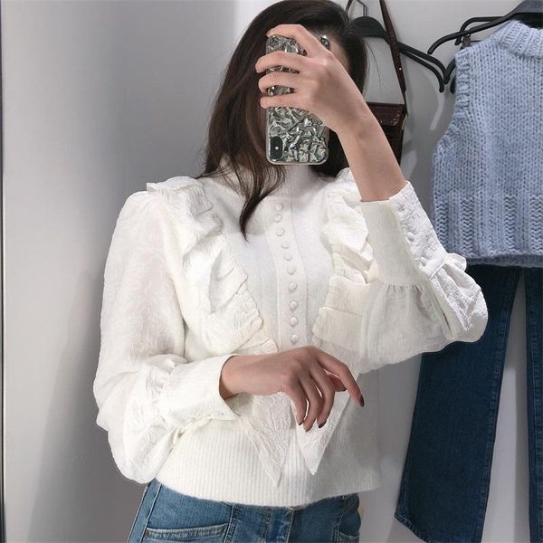 

women 2021 fashion with buttons floral print knitted sweater retro high neck long sleeve women's pullover streetwear, White;black