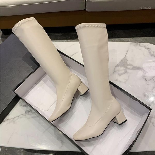 

boots 2021 fashion women knee high thigh sock block beige black heels 5cm yarn elastic long tight pleaser shoes1