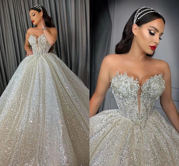 

sparkling crystals sequined wedding gowns 2022 strapless long train ball gown beadings bridal wedding dresses dubai saudi arabia vestidos de, White