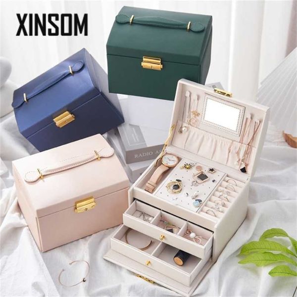 

xinsom jewelry organizer storage box casket women pu leather high capacity necklace earrings rings packaging display 211105, Black