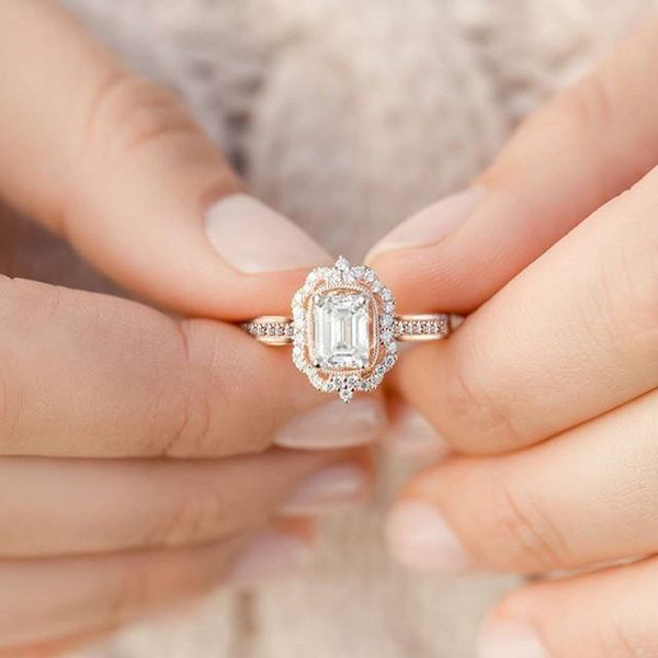

plated rose gold zircon gemstone square diamond princess ring fashion engagement female jewelry gift, Silver