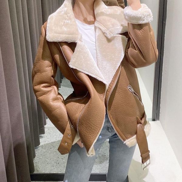 

women's leather & faux trendy women winter warm thick windproof motorcycle coat with belt brown suede jacket lamb outwear, Black