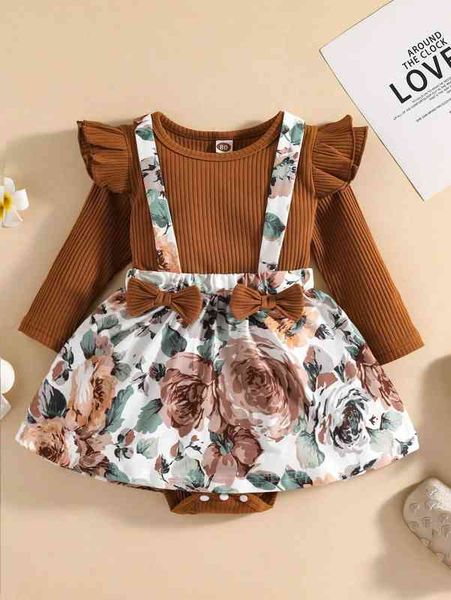 

baby ruffle trim rib knit tee & floral print bow front overall dress she, Blue