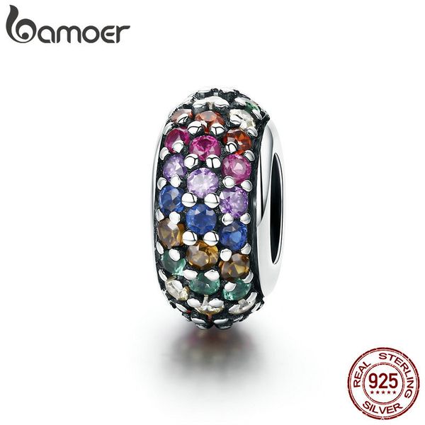 Bamoer Fashion New Genuine 925 Sterling Silver Arco-íris Colorido Zircão Espaçador Beads Fit Charme Bracelete DIY Jóias Fazendo SCC583 Q0531
