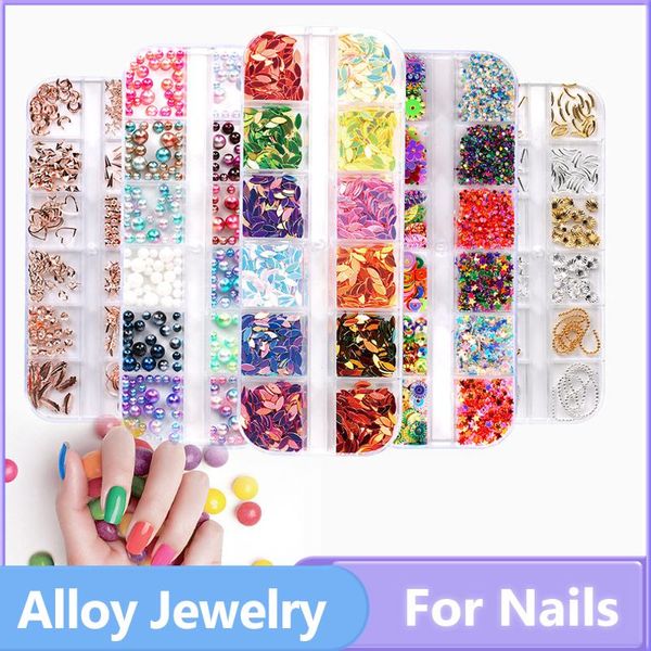 

nail art decorations jewelry 12 grid boxed sequin alloy horse eye rivet pearl 19kinds decoration rhinestone set, Silver;gold